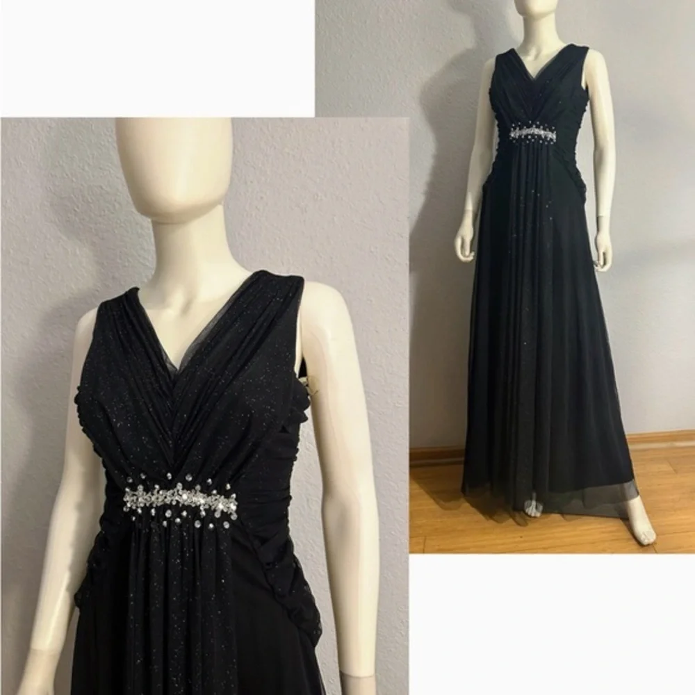 NWT A-Line Formal Maxi Dress‎ Sleeveless V-Neck Tulle Beaded Evening Gown Black